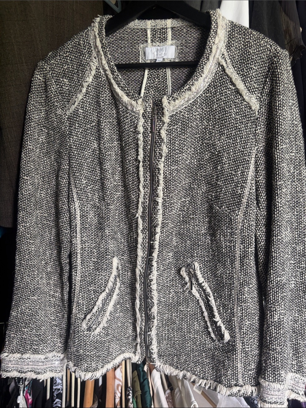 Women’s Tweed Fringe Jacket in Black & White
